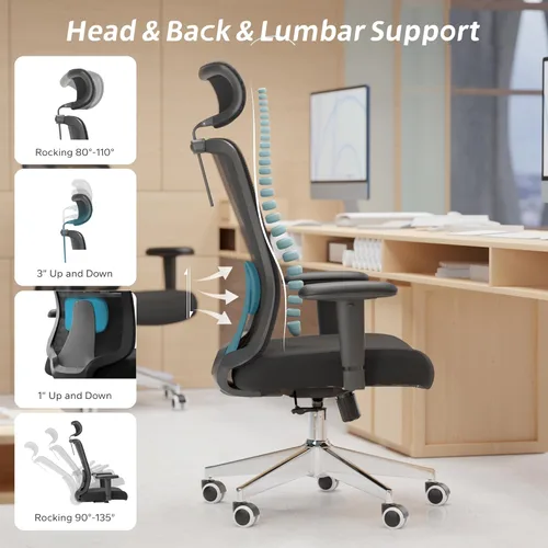 Miniatura 5 de Silla de oficina ergonómica con soporte lumbar ajustable y reposabrazos abatibles, silla de escritorio de computadora de respaldo alto con cojín