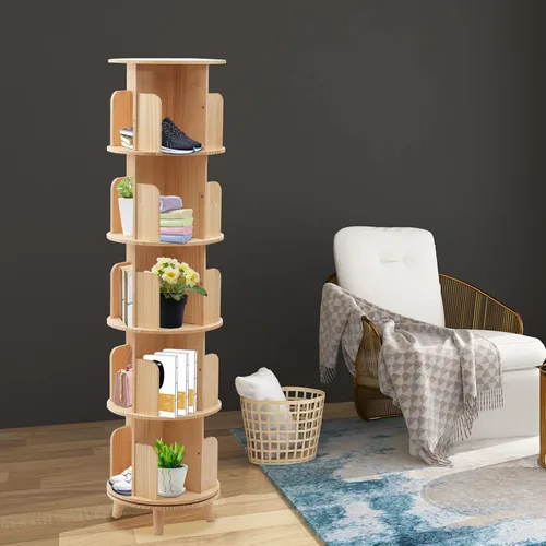 Miniatura 4 de Estantería giratoria de 360°, estante apilable de madera maciza de 5 niveles, estante de almacenamiento de pie para sala de estar, estudio y oficina