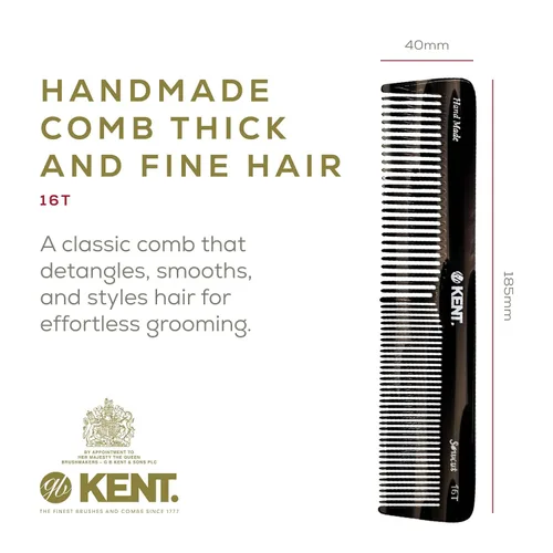 Miniatura 2 de Kent 16TG Peine de tocador para el cabello, doble diente, grafito fino/ancho para cabello, barba y bigote, peine de peluquería grueso/fino