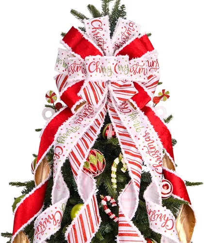 Lazo para la punta del árbol de Navidad, lazo de corona de Navidad, 45 x 12 pulgadas, arpillera grande con borde de poliéster blanco y rojo, lazo de
