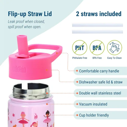 Miniatura 4 de Wildkin Kids - Botella de agua de acero inoxidable de 14 onzas para niños – Sin BPA, a prueba de fugas, aislada, fácil de limpiar - Ballerina