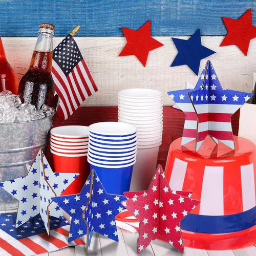 Miniatura 5 de Bucherry 4 juegos de centros de mesa patrióticos para el Día de los Caídos de madera, letreros de estrellas de madera, rojo, blanco, azul, 4