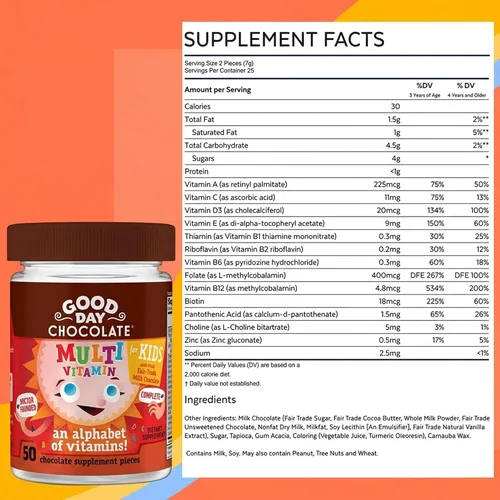 Miniatura 2 de Good Day Chocolate Multivitamínico completo para niños, suplemento diario de vitaminas A, B6, B12, C, D, E, folato y biotina, chocolate de comercio