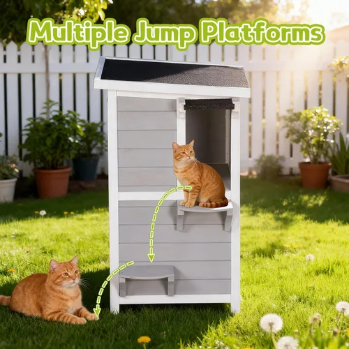 Miniatura 6 de Casa para gatos al aire libre de 2 pisos con puerta de escape, refugio para gatos feral, resistente a la intemperie para exteriores, techo