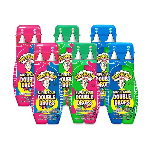WARHEADS Super Sour Double Drops - Caramelo ácido líquido - Frambuesa azul, manzana verde y sandía sabores surtidos - Botellas de 1.01 onzas -