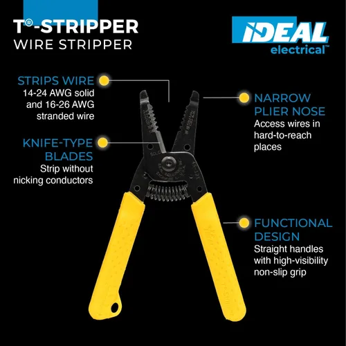 Miniatura 2 de Ideal Electrical 45-121 T-6 T-Stripper - 14-26 AWG, pelador de cables en T amarillo con agujeros en bucle, pinza con punta, apertura automática