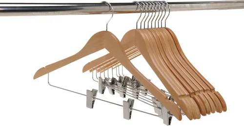 Miniatura 6 de Perchas de madera de calidad para faldas con clips, paquete de 80 perchas naturales para pantalones con clips de metal cromado ajustables, gancho
