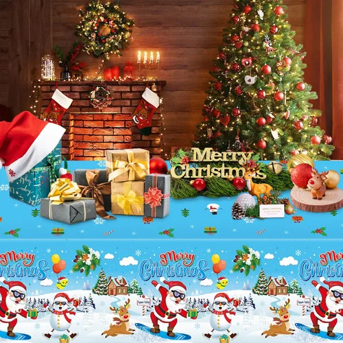 Miniatura 6 de 3 piezas de mantel de Navidad - Mantel de plástico de Papá Noel genial para Navidad, mantel rectangular desechable azul y blanco para decoración