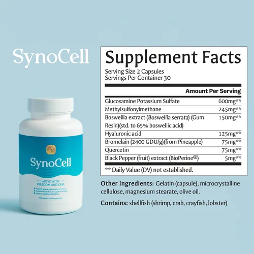 Miniatura 6 de Suplemento de apoyo para la espalda, el cuello y las articulaciones de glucosamina y condroitina de Synocell con boswellia, quercetina y MSM