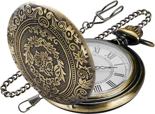 Miniatura 12 de Large Decorative Flower Pattern White Roman Numeral Scale Quartz Pocket Watches for Men with Chain
