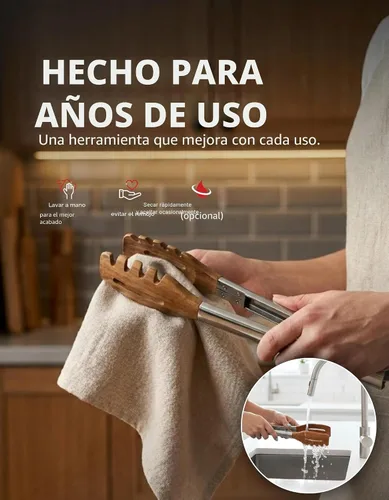 Miniatura 6 de Pinzas de cocina y servidor de pasta 3 en 1 – Pinzas multifunción de nogal de 12 pulgadas con puntas ranuradas tipo tenedor y planas para pasta