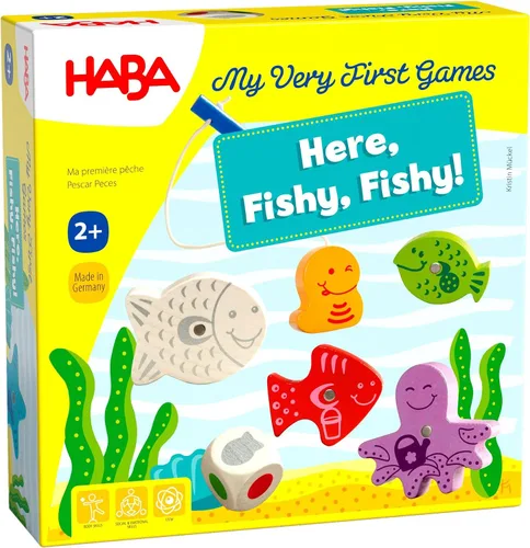 HABA Mis primeros juegos - ¡Aquí está Fishy Fishy! Juego magnético de pesca Edades 2+ Fabricado en Alemania Juegos para niños pequeños, juguetes de