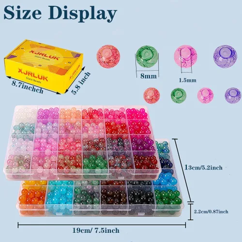 Miniatura 3 de Cuentas de vidrio para hacer joyas, 1300 piezas + 0.315 in + 0.315 in, 48 colores, cuentas redondas de cristal para hacer pulseras, kit