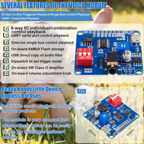Miniatura 3 de 2 unids placa de módulo de reproducción de voz reproductor de MP3 Módulo de voz de música, 5W 64MBit Flash Serial Control SD/TF Tarjeta IO