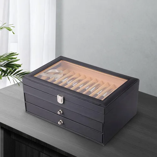 Miniatura 8 de Caja organizadora de bolígrafos de franela de cuero negro de 36 piezas, caja organizadora de bolígrafos de vidrio con tapa, vitrina de cristal