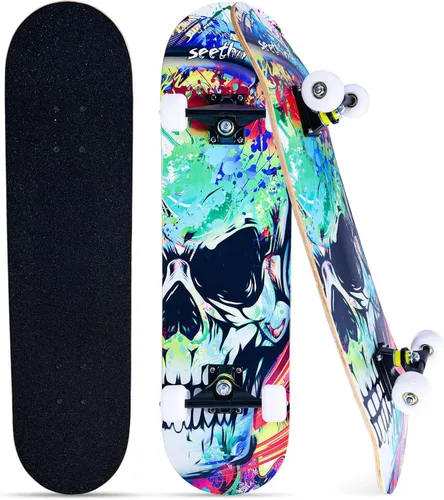 Miniatura 9 de Patinetas para principiantes, niños, niñas y adultos, 31 x 8 pulgadas, 7 capas de arce, cóncavo de doble patada, fascinante fresco, sólido y duradero