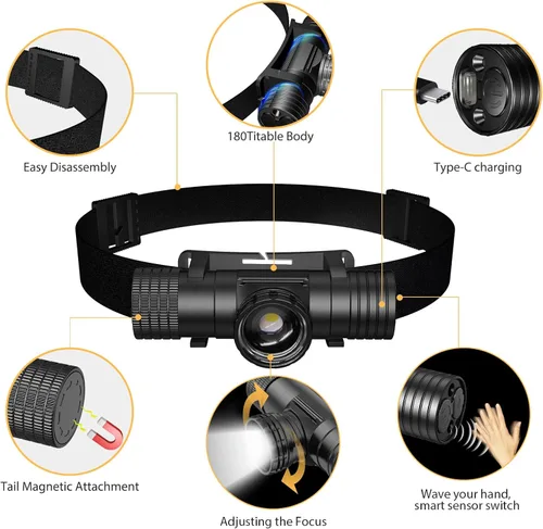 Miniatura 2 de Linterna frontal recargable, linternas frontales súper brillantes y con zoom, IPX6 resistente al agua, linterna frontal LED recargable con 6 modos