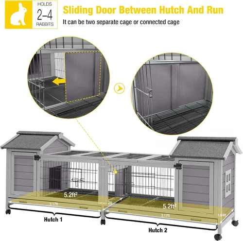 Miniatura 3 de Jaula para conejos Aivituvin con conejera doble y área de juego interior y exterior para cobayas con bandejas más profundas sin fugas y ruedas