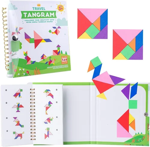Miniatura 8 de Vanmor Rompecabezas de Tangram de viaje, 3 juegos de tangram magnético con solución 240, bloques de patrón de forma Montessori, rompecabezas