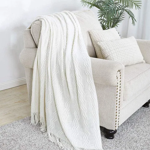 Miniatura 2 de BOURINA Manta Decorativa Tejida Color Blanco Hueso 60x80 Pulgadas con Textura Sólida Suave para Sofá y Sillón Blanco roto