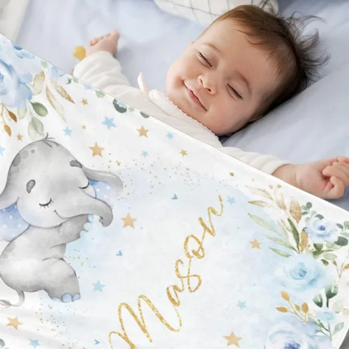 Miniatura 3 de Manta de bebé de elefante personalizada con nombre para niño, manta de nombre personalizada para niño recién nacido, manta de franela suave, regalo