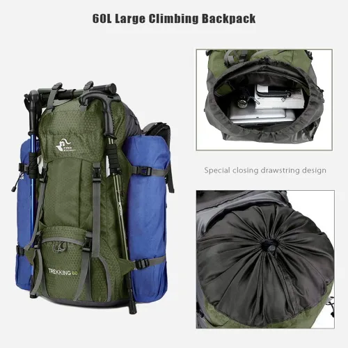 Miniatura 4 de Bseash Mochila impermeable de 60 L para senderismo y campamento con cubierta para lluvia, mochila grande para deportes al aire libre, mochila