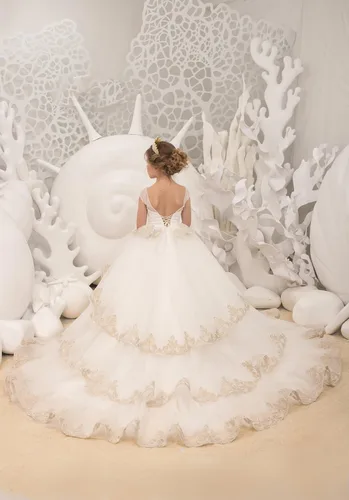 Miniatura 4 de KNCERY Vestido formal de tul de encaje para niña de flores con tren para primera comunión