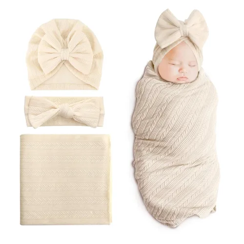 Miniatura 12 de DRESHOW BQUBO Manta de recepción para recién nacido, cálida para niñas con sombrero de lazo y diadema de lazo, regalo para baby shower 1 juego