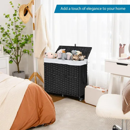 Miniatura 9 de GOFLAME Cesta de lavandería con tapa y ruedas, cesta de ratán tejida a mano de 125 litros con 3 secciones divididas, asas, 2 bolsas extraíbles