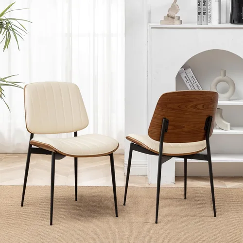 Miniatura 12 de LUNLING Sillas de comedor modernas de mediados de siglo, silla retro beige de piel sintética con asiento tapizado de madera curvada de nogal, patas