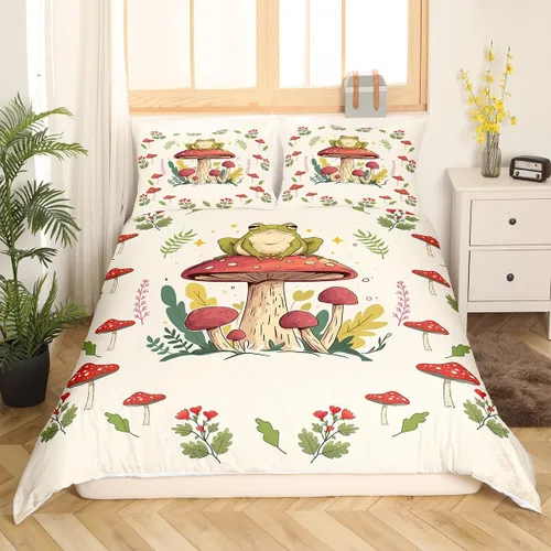 Miniatura 2 de Juego de funda de edredón con estampado de rana para niños, juego de ropa de cama Kawaii para decoración de habitación, diseño de hongos y rana