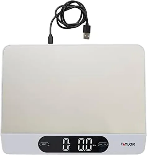 Taylor Báscula de alimentos de cocina de alta capacidad de 22 libras con superficie de acero inoxidable, pantalla retroiluminada y cable de recarga