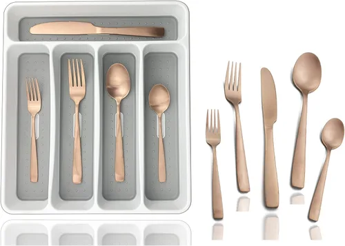 Miniatura 11 de JASHII - Juego de cubiertos con bandeja, 20 piezas de acero inoxidable cuadrado cubiertos servicio para 4, acabado mate, utensilios de alimentación