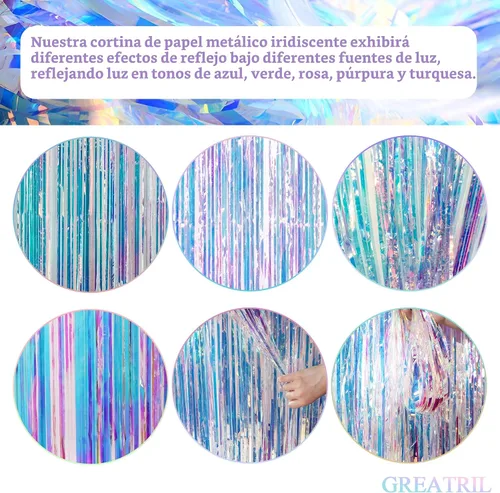 Miniatura 6 de Telón de fondo de serpentinas de fiesta iridescente - GREATRIL Cortina de flecos de oropel holográfica transparente de neón para decoración temática