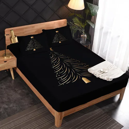 Miniatura 2 de Sábanas de árbol de Navidad tamaño individual, sábanas de cama negras y doradas, microfibra suave, bolsillo profundo, sábanas y fundas de almohada