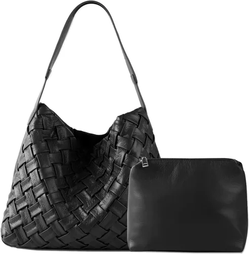 PoVwlty Bolso tejido para mujer, de cuero vegano, bolso de viaje grande, bolso de hombro hecho a mano retro