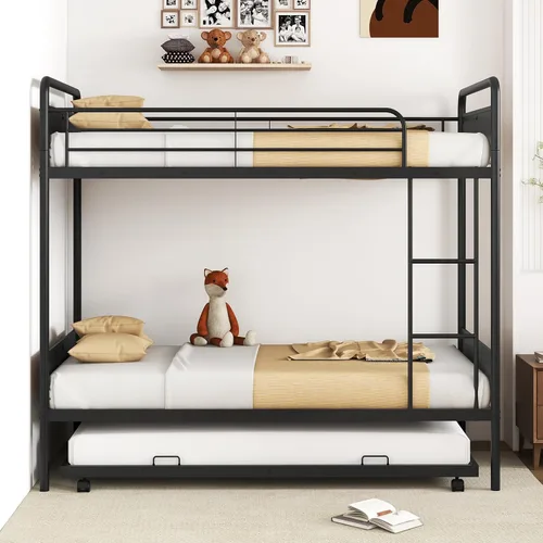 Miniatura 3 de Giantex Litera de metal individual sobre cama individual con nido, literas industriales individuales con escalera y barandillas de longitud