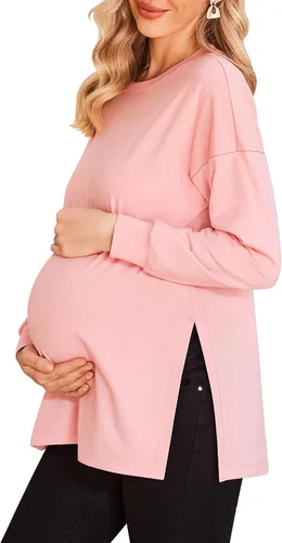 Ekouaer Camisas de maternidad para mujer, manga larga, con abertura lateral, camiseta de embarazo, blusa tipo túnica, ropa casual para mamá