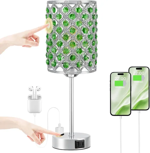 Miniatura 14 de Lámpara de mesa de cristal con control táctil, lámpara de mesita de noche regulable con puertos de carga USB-C+A y CA, lámpara USB dorada de 3 vías