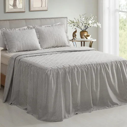 CHIXIN Colcha de falda con volantes a rayas de tamaño matrimonial, caída de 30 pulgadas de largo, estilo Shabby Chic, funda de cama ligera, juego de