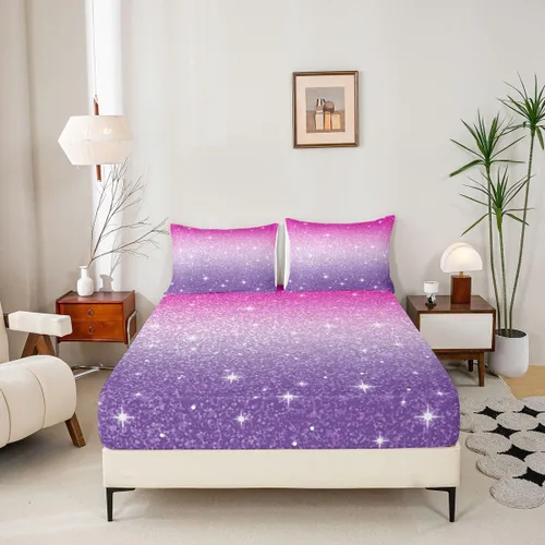 Miniatura 2 de Erosebridal Juego de ropa de cama de lentejuelas con purpurina y estrellas, sábanas de bolsillo profundo arcoíris y galaxia espacial, sábana bajera