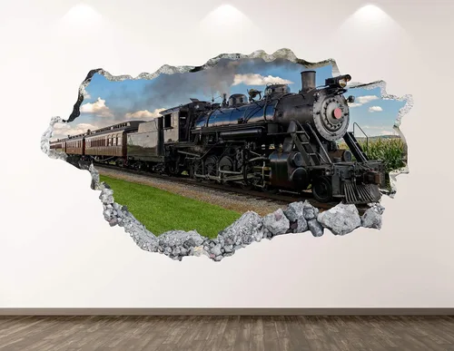 Calcomanía de pared de tren vintage, decoración artística 3D, calcomanía de ferrocarril destrozada, Mural personalizado regalo BL118 (70 pulgadas de