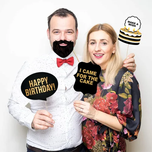 Miniatura 8 de Juego de 29 piezas de accesorios para cabina de fotos de cumpleaños con divertida corona, sombreros, barba y cara feliz, bigote para niños, cabina