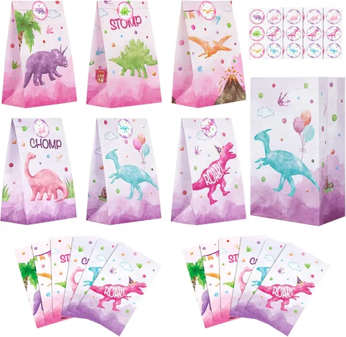 WERNNSAI Bolsas de regalo de dinosaurios de acuarela, 24 bolsas de recuerdos de fiesta de dinosaurios rosas con calcomanías para niñas y niños,