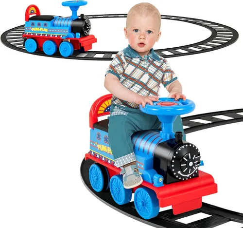 Miniatura 10 de GLACER Tren de paseo con 16 pistas para niños, juguete eléctrico con luces y sonidos, caja de almacenamiento debajo del asiento y pedales Azul