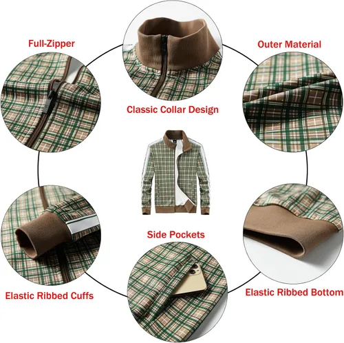 Miniatura 5 de W JIANWANG Conjunto deportivo de 2 piezas para hombre con cremallera completa manga larga a cuadros chaquetas y pantalones activos