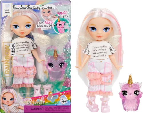 Rainbow High Littles Rainbow Fantasy Fairies + Pet – Ópalo, arco iris de 5.5 pulgadas, muñeca pequeña posable y mascota de búho de fantasía con alas