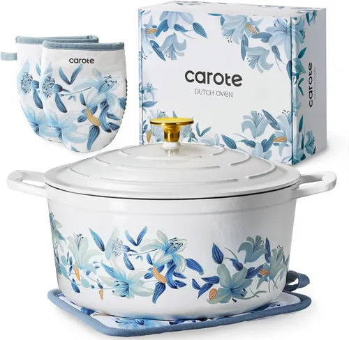 Miniatura 9 de CAROTE Sartén de hierro fundido esmaltado de 3.5 cuartos de galón, sartenes florales poco profundas para horno holandés, olla de hierro fundido