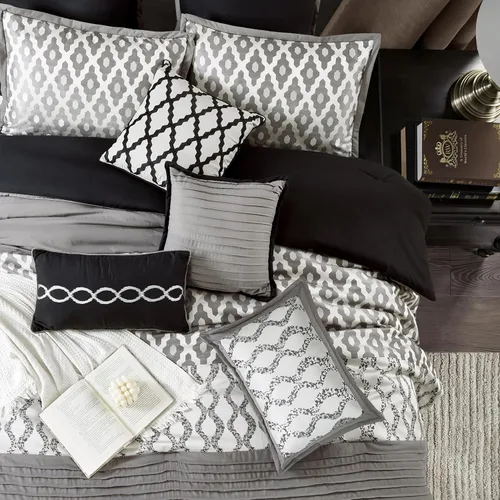 Miniatura 3 de Grand Avenue Juego de edredón negro tamaño King, 10 piezas, edredones y juegos de ropa de cama jacquard, falda de cama a juego, almohadas y fundas