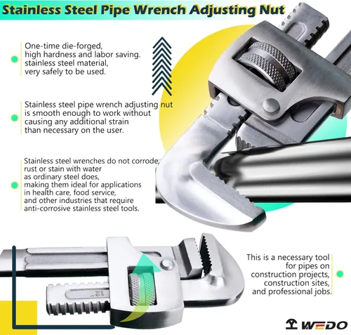 Miniatura 4 de WEDO Llave de tubo de acero inoxidable, llave de tubo recta, llave de fontanería ajustable, anticorrosión, superficie pulida, a prueba de óxido